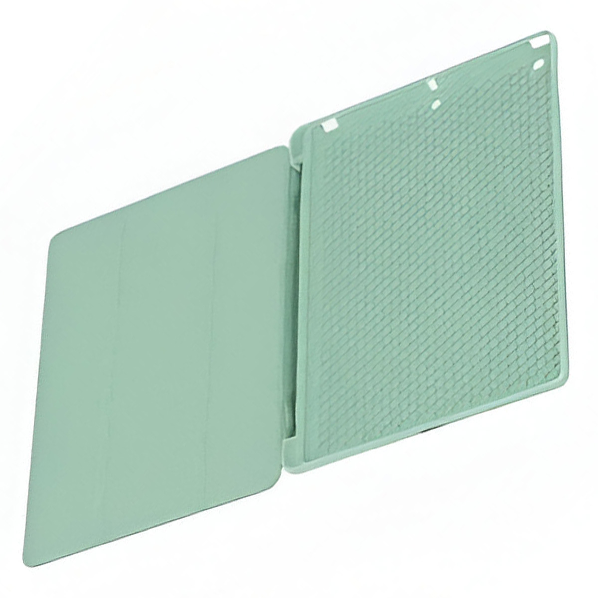 Oggetto rettangolare verde chiaro aperto con una griglia sul lato destro e una superficie liscia sul lato sinistro. Sfondo bianco.