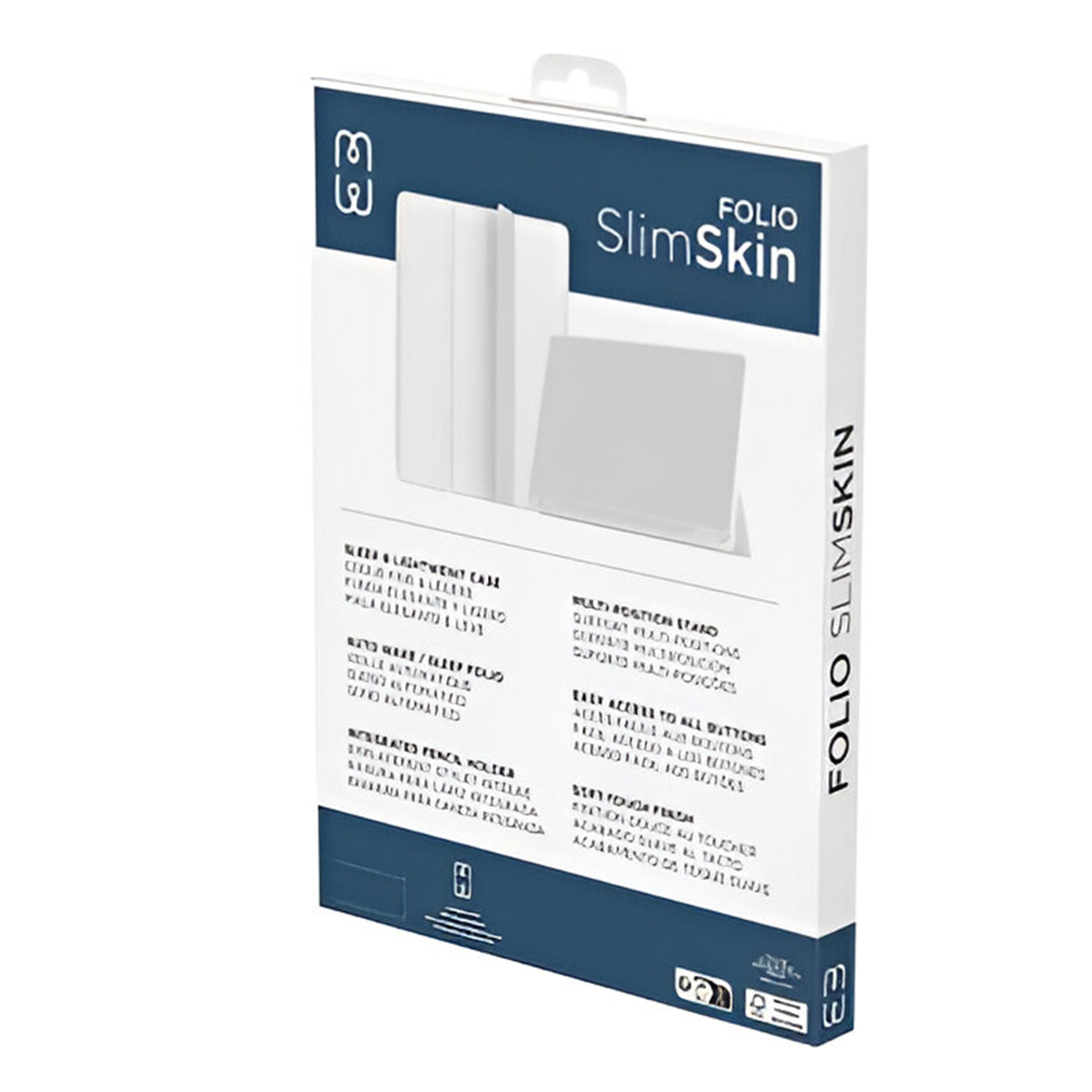 Una scatola bianca Folio SlimSkin con un'immagine del prodotto. Testo e loghi visibili, incluso il marchio E3.