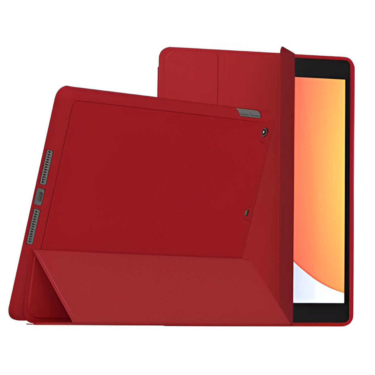 Un tablet rosso con una cover abbinata è mostrato. Lo schermo è visibile con una sfumatura arancione e bianca. La cover è aperta.