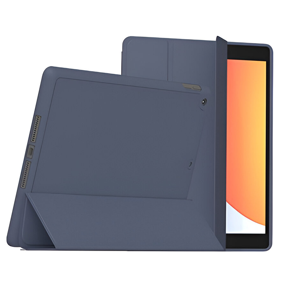 Una custodia per tablet blu scuro, parzialmente aperta, che rivela uno schermo arancione. C'è un'altra custodia dietro. La custodia è angolata.