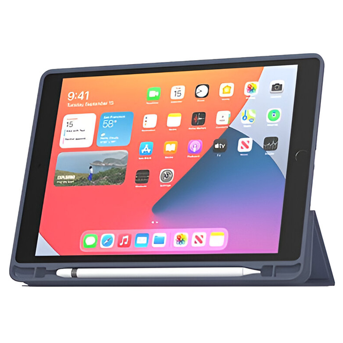 Un tablet con stilo, in una custodia blu, che mostra icone di app e un widget meteo sullo schermo.