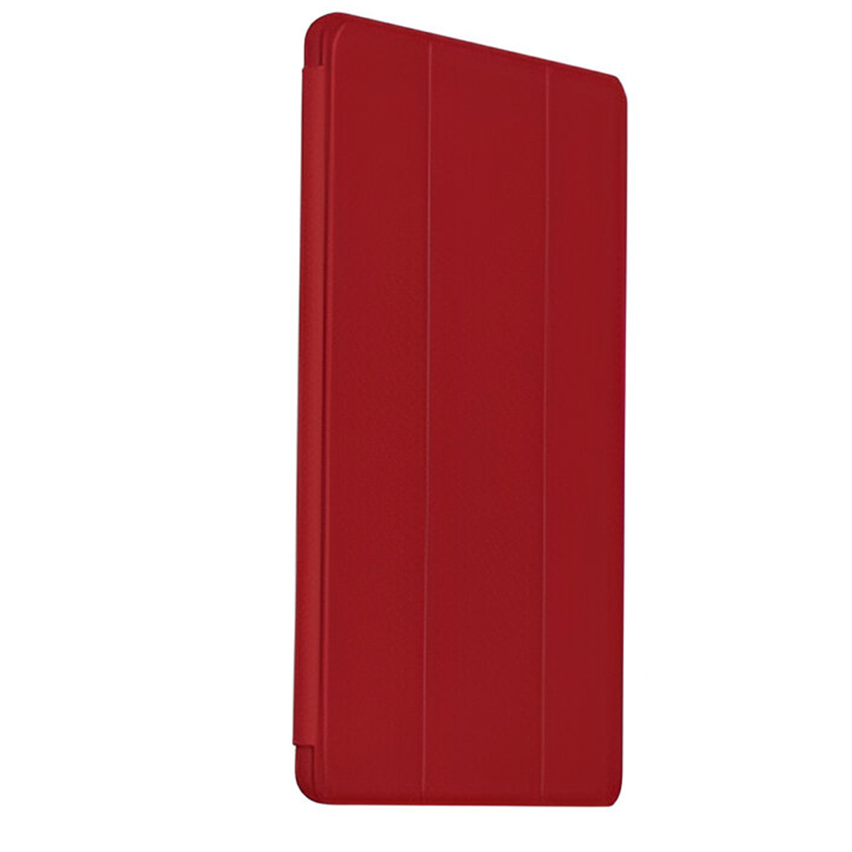 Una custodia rossa per tablet è in posizione verticale su sfondo bianco. La custodia ha una superficie strutturata con linee verticali.