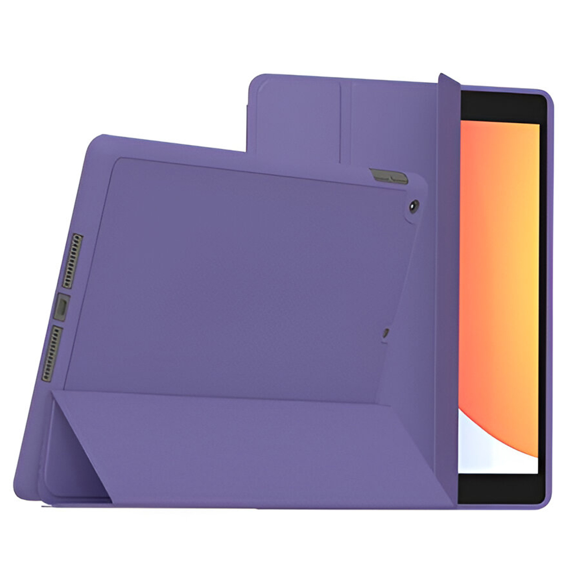 Un tablet viola in una custodia abbinata è parzialmente aperto, rivelando uno schermo arancione. La custodia è angolata e mostra le porte.