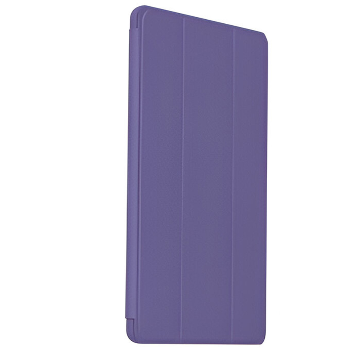 Una custodia viola per tablet, piegata, è in posizione verticale su uno sfondo bianco. La custodia ha una superficie strutturata con linee verticali.