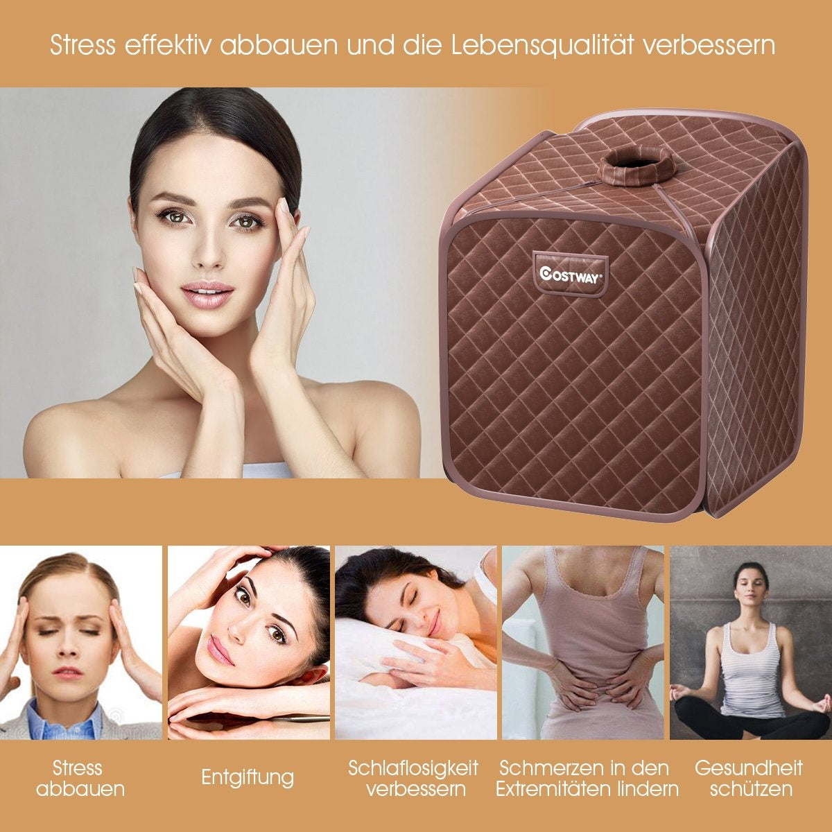 Una mujer con las manos cerca de la cara, una sauna marrón y un collage de beneficios para la salud, incluida la reducción del estrés.