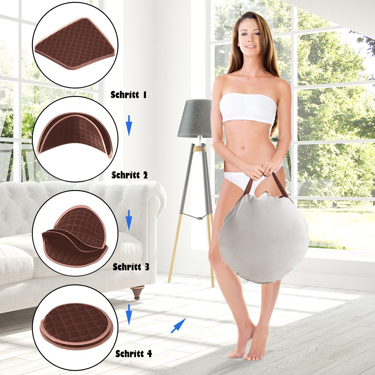 Una mujer de blanco sostiene una bolsa redonda gris claro. Diagramas muestran una esterilla marrón acolchada doblándose. Fondo: sofá y lámpara.