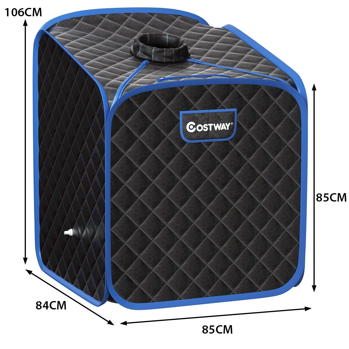 Una sauna portátil negra y acolchada con ribete azul. Tiene un logotipo 'COSTWAY'. Las dimensiones están etiquetadas: 106 cm, 85 cm, 84 cm y 85 cm.