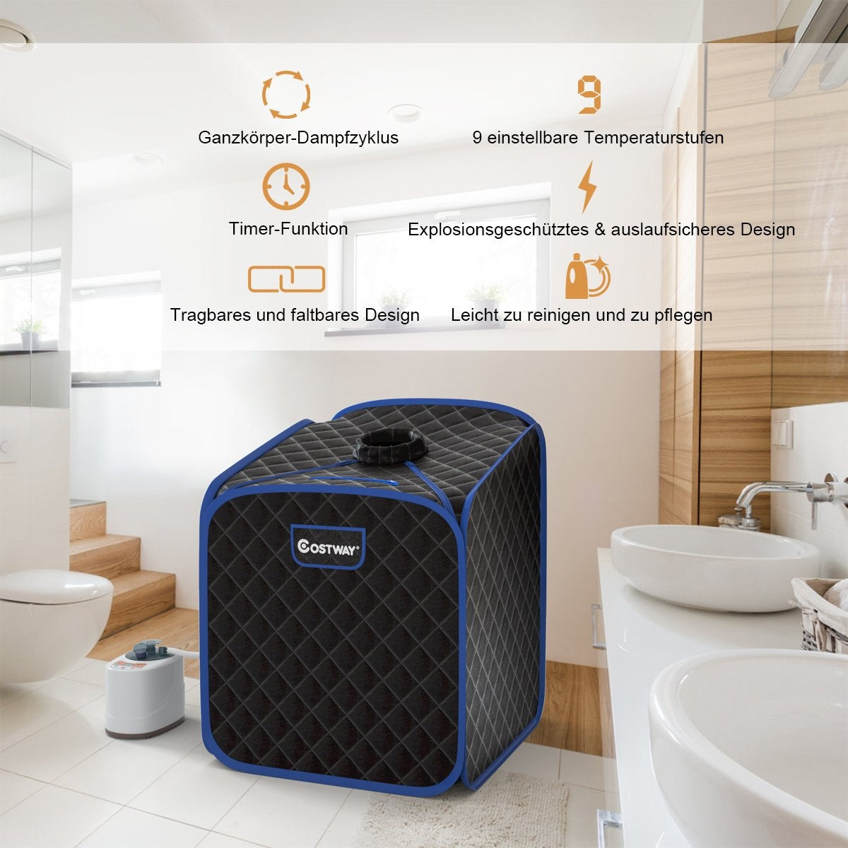 Una carpa de sauna negra y azul está en un baño. Una pequeña unidad de control está en el suelo. Etiquetas de texto con características.