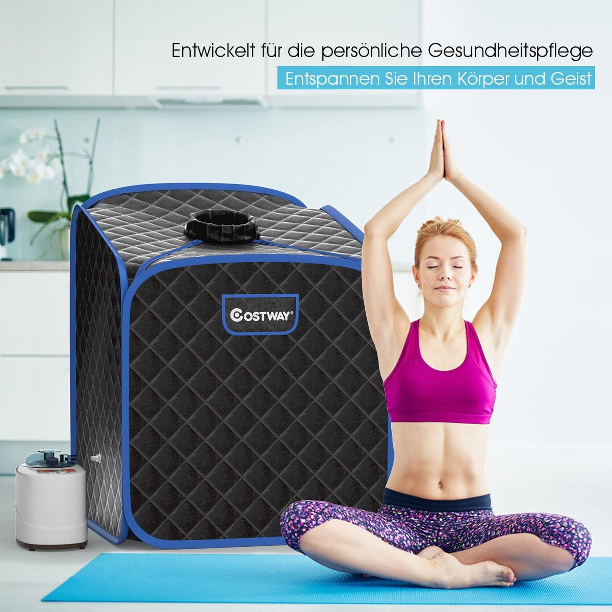 Mujer en pose de yoga. Cerca hay una sauna y una pequeña máquina blanca. Lleva top rosa y pantalones estampados, sobre una esterilla azul.
