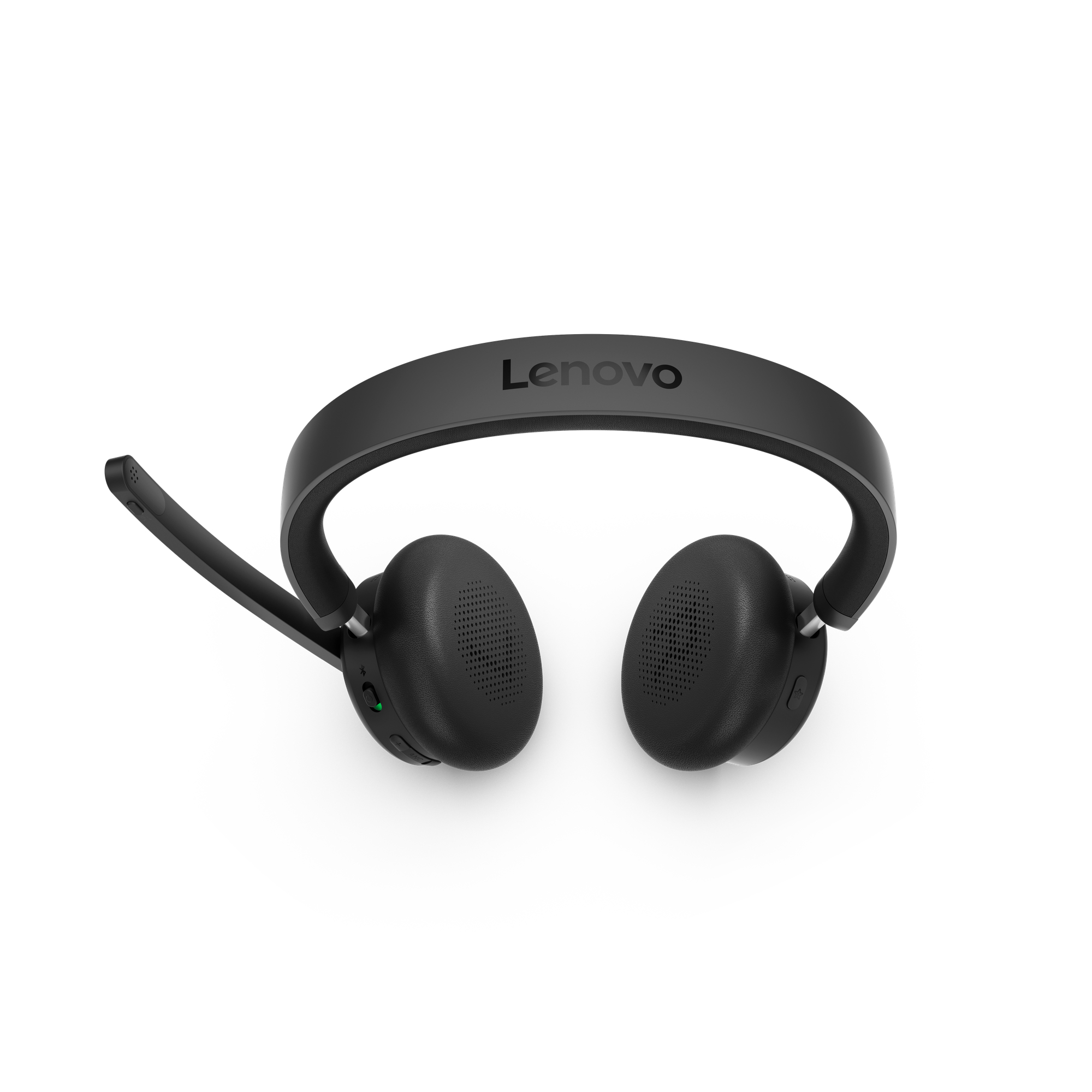 Casque Lenovo noir sur fond blanc. Micro-perche et logo Lenovo sur l'arceau.