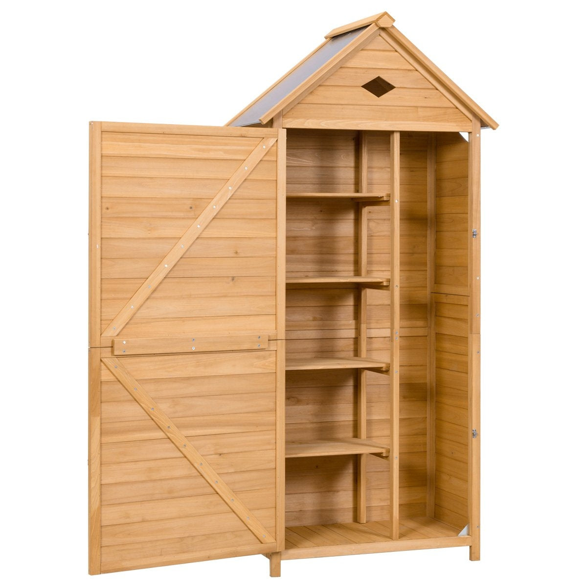 Cobertizo de almacenamiento de madera para exteriores con puerta abierta. Con estantes y un techo pequeño. Madera marrón claro, fondo blanco.