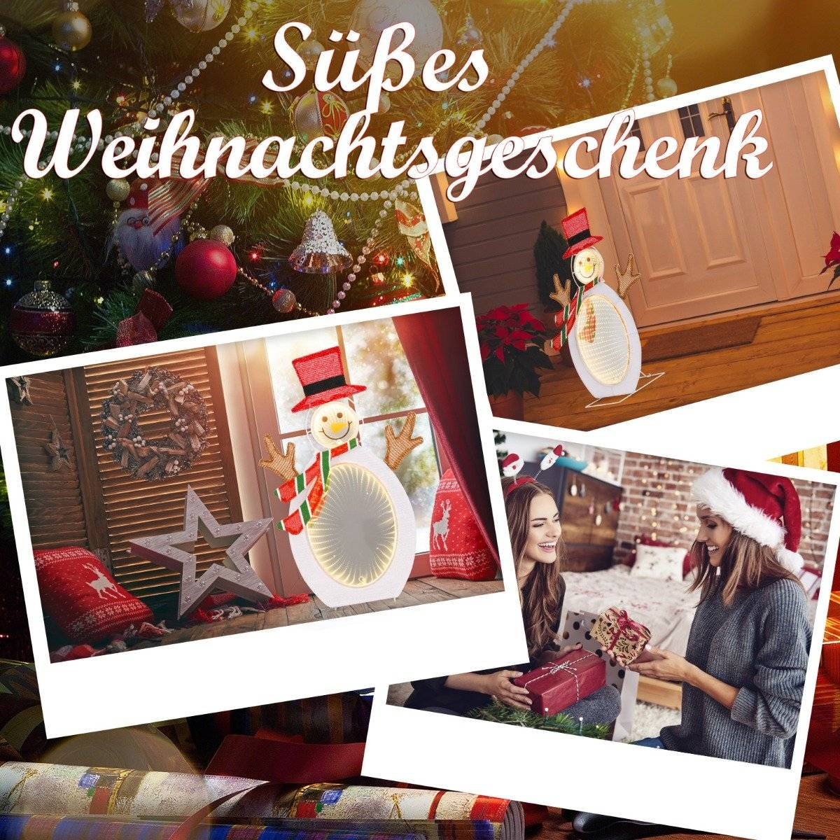 Collage de imágenes navideñas. Incluye una luz de muñeco de nieve, dos mujeres con regalos y un árbol de Navidad.
