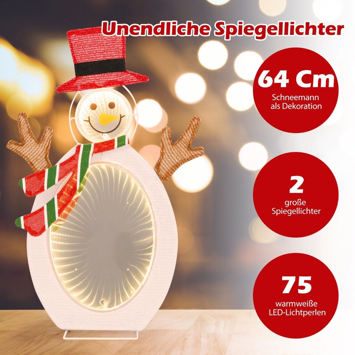 Una decoración de luz en forma de muñeco de nieve con sombrero y bufanda. Tiene luces de espejo dentro y está decorada como decoración navideña.