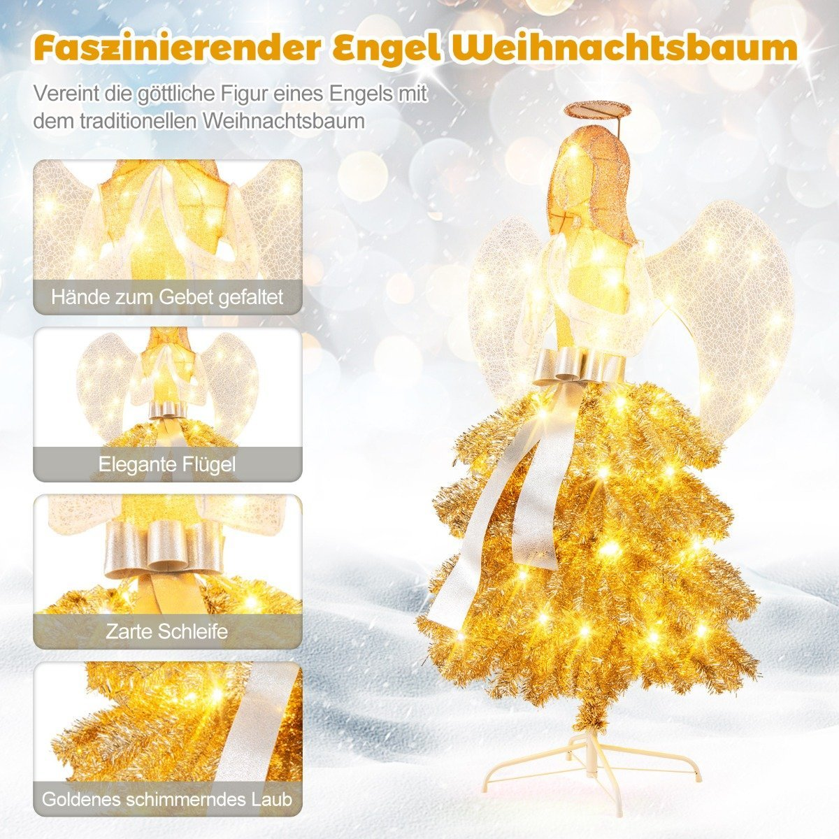 Un árbol de Navidad de ángel dorado con alas, halo y lazo. Tiene luces y está sobre un soporte, con fondo nevado.