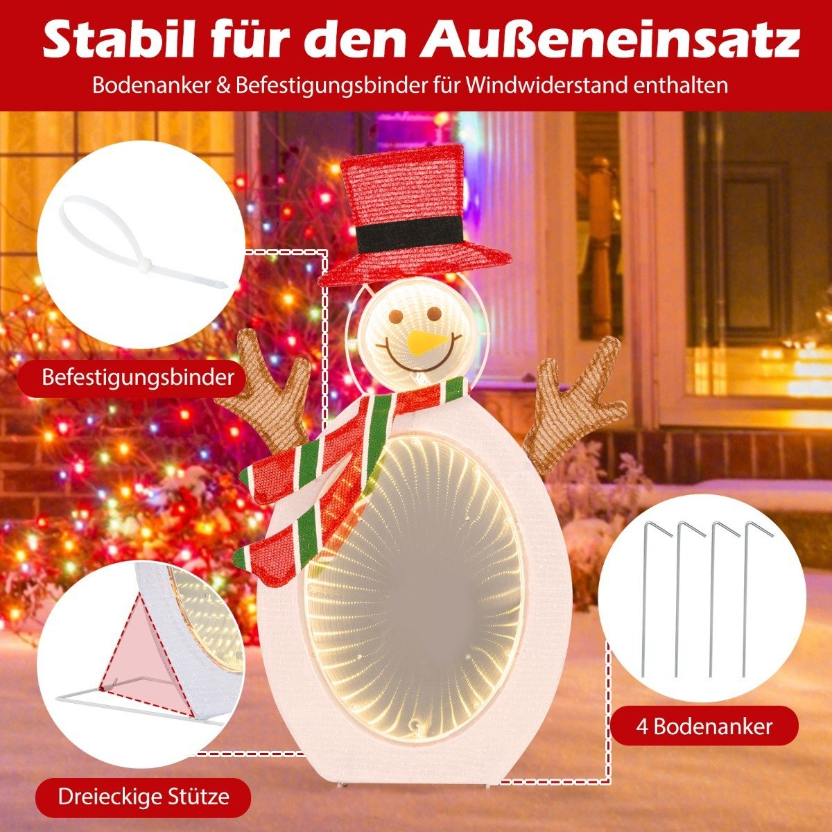 Una decoración de muñeco de nieve con sombrero y bufanda rojos, con accesorios como estacas y sujetadores, en un suelo nevado.