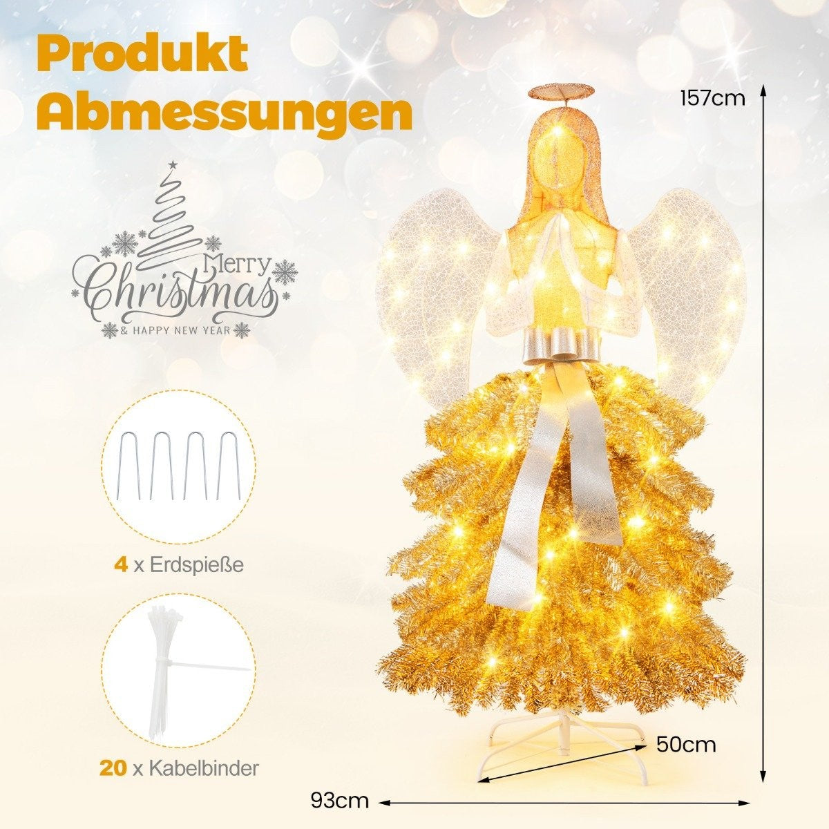 Un árbol de Navidad de ángel dorado con luces. Incluye estacas y bridas. Dimensiones: 157 cm alto, 93 cm ancho, 50 cm base.