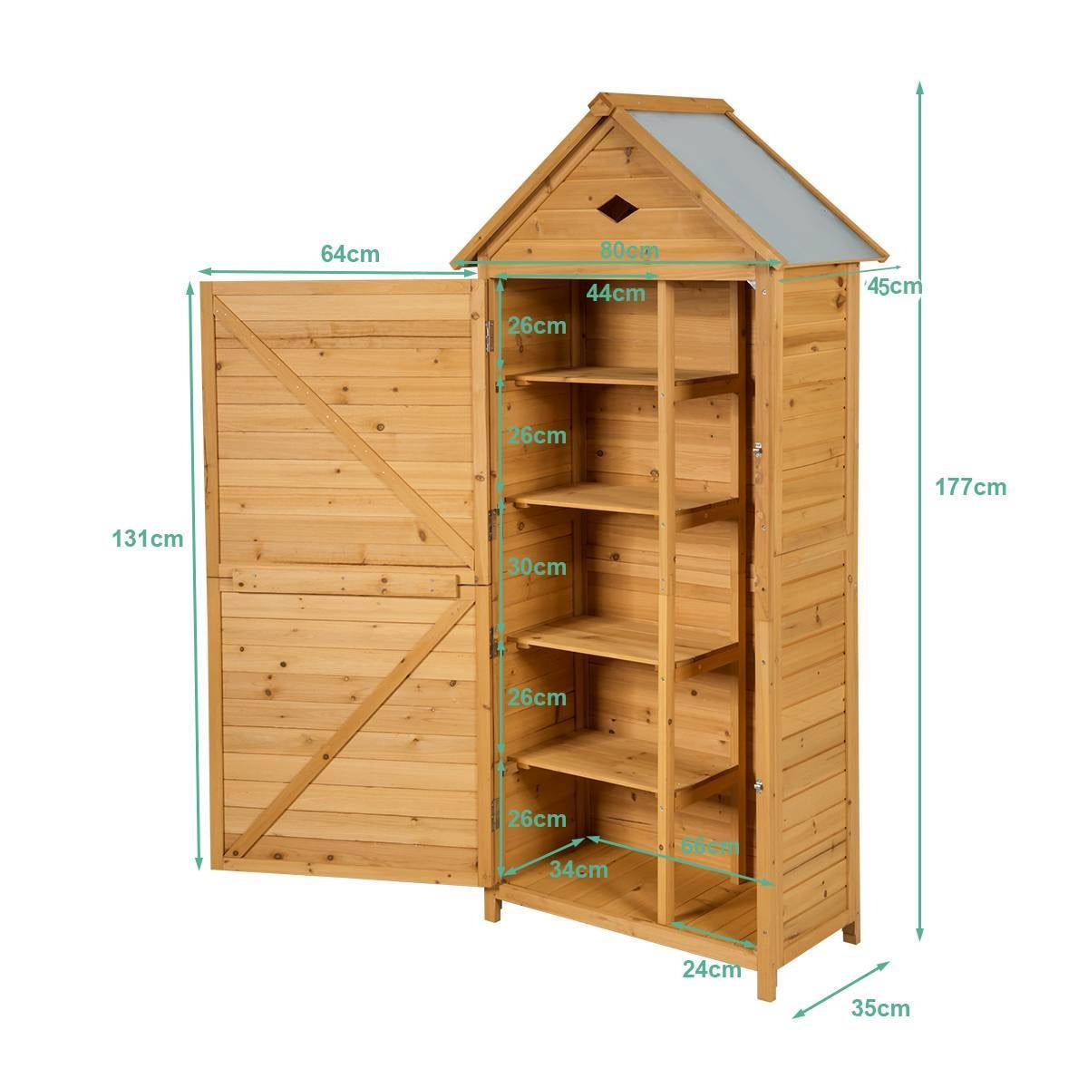 Un cobertizo de almacenamiento de madera con la puerta abierta, revelando estantes. Las dimensiones se indican en la imagen.