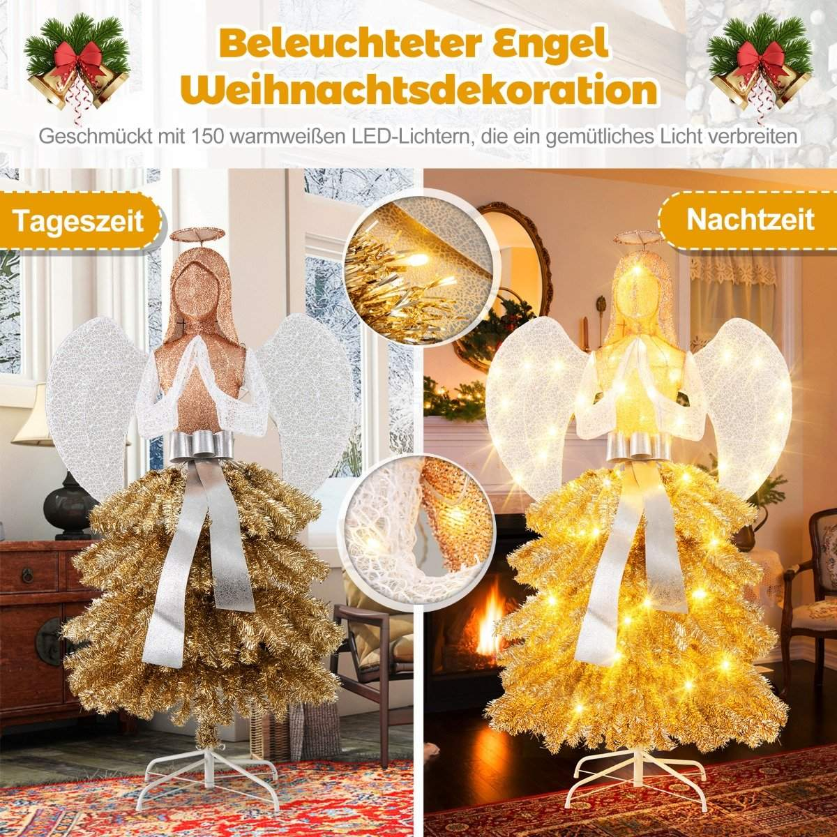 Una decoración navideña de ángel iluminado. El ángel tiene cuerpo dorado, alas blancas y luces.