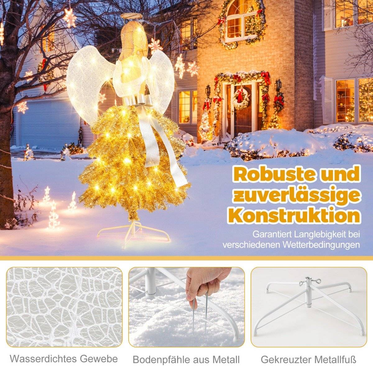 Una decoración de ángel brillante se encuentra en un jardín nevado. Casa con luces navideñas al fondo. Primeros planos muestran tela, estaca y base de metal.