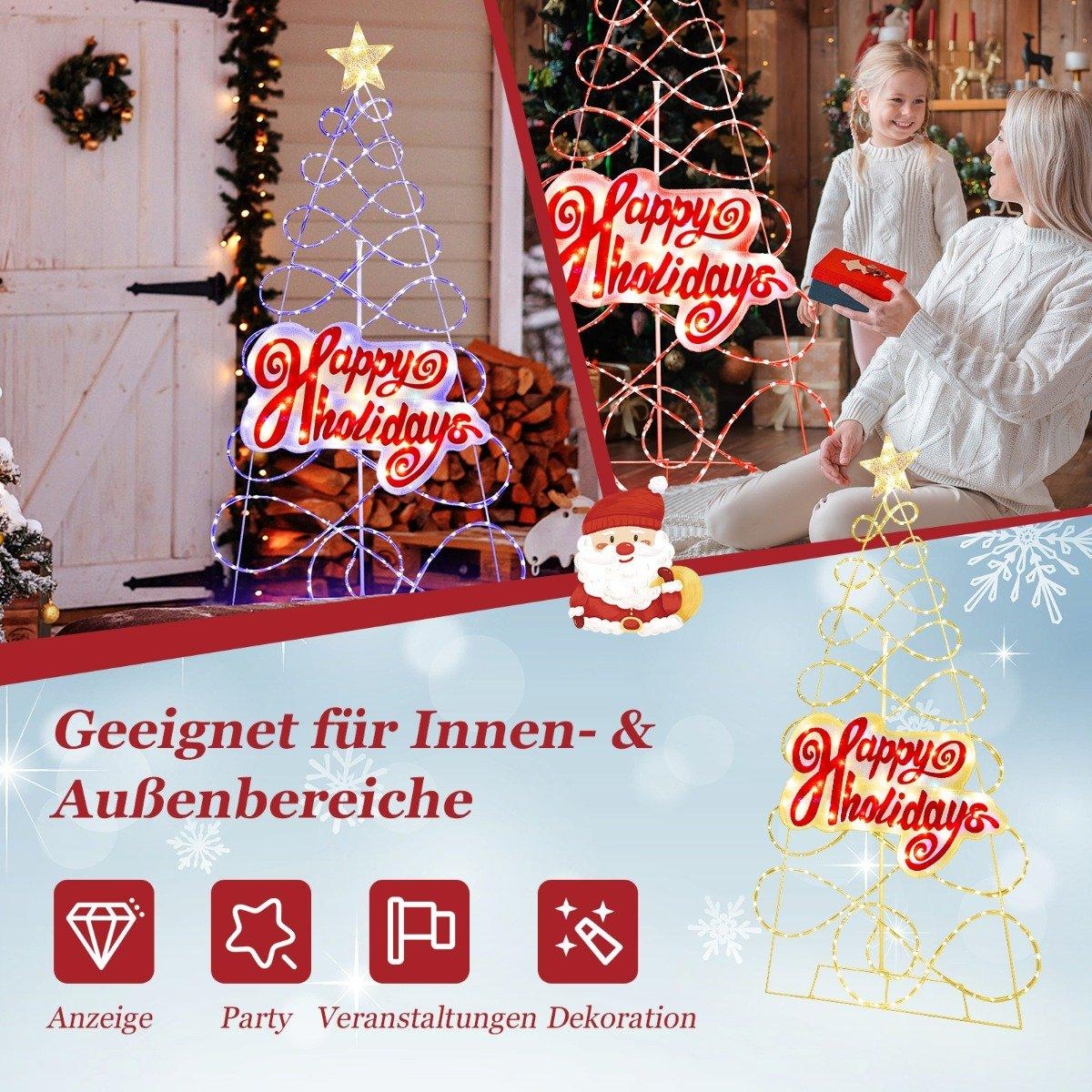 La imagen muestra una escena navideña con dos árboles de Navidad iluminados, una mujer, un niño y el texto 'Happy Holidays'.
