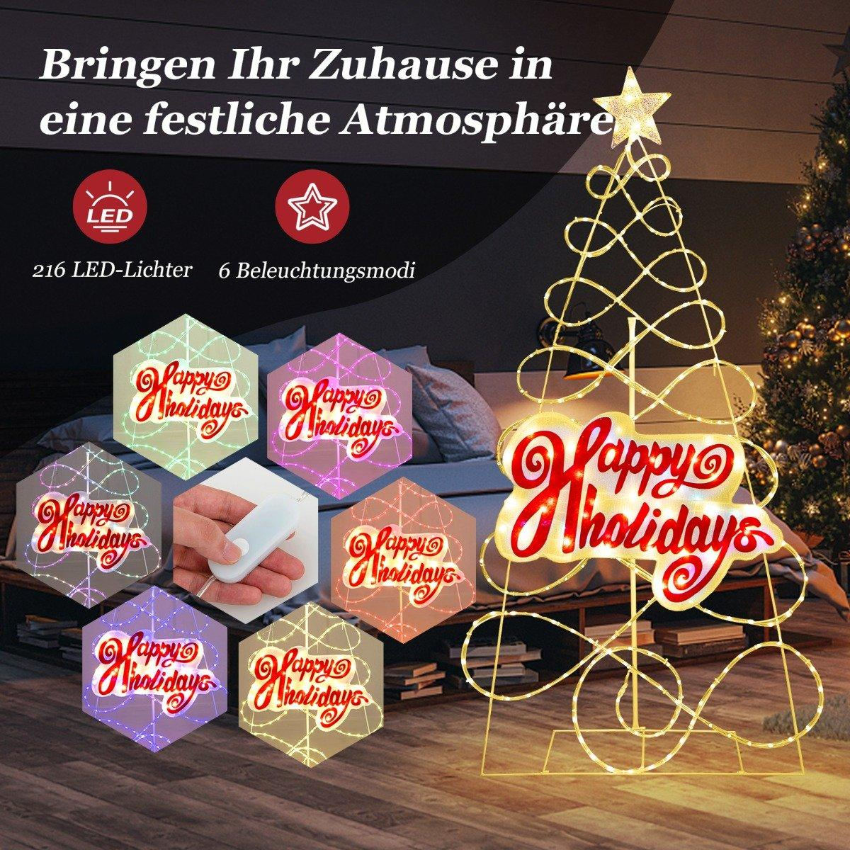Un árbol de Navidad decorativo y luminoso con una estrella en la parte superior. Incluye las palabras 'Happy Holidays' y varios modos de luz.