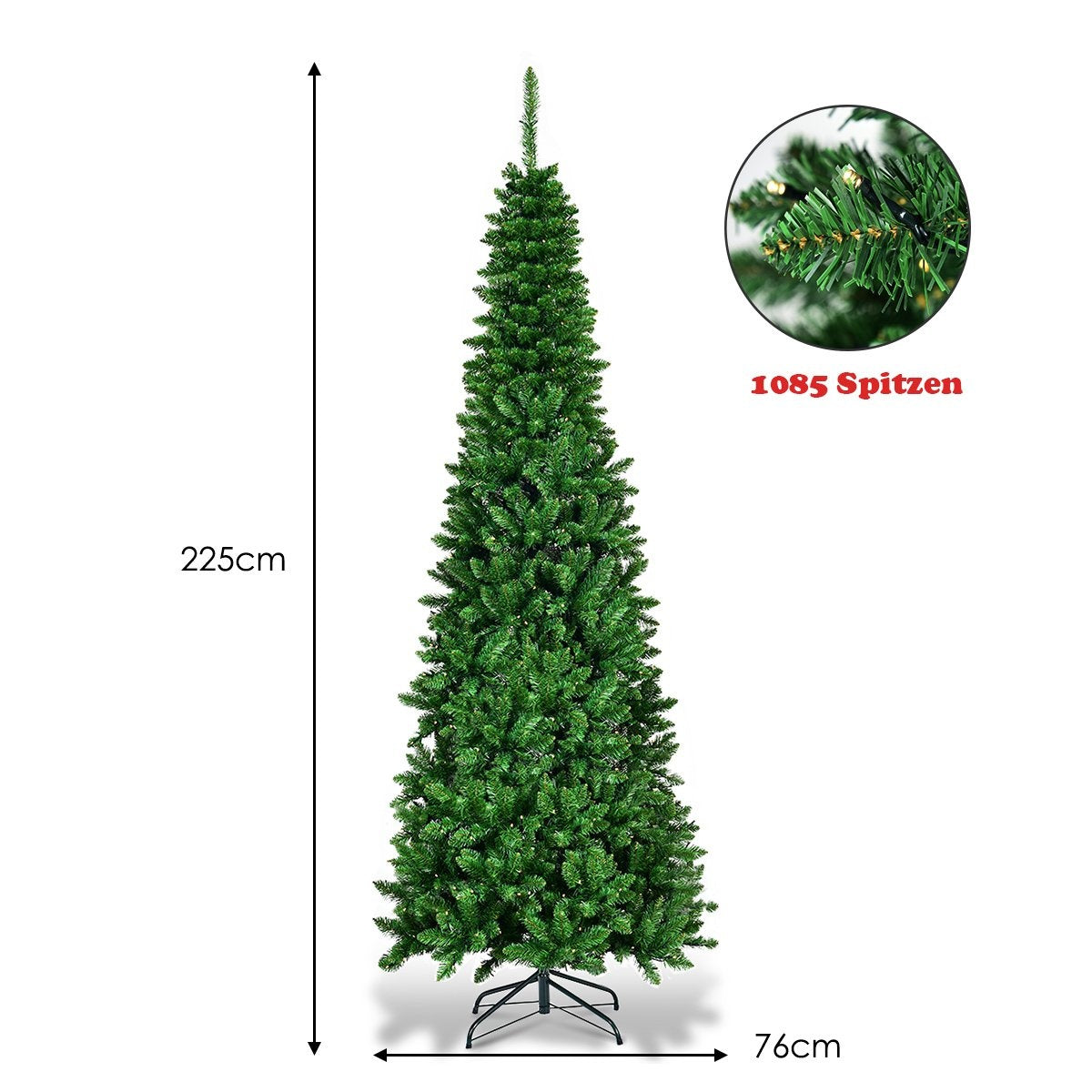 Un árbol de Navidad verde con 1085 puntas, mide 225 cm de alto y 76 cm de ancho, sobre fondo blanco.