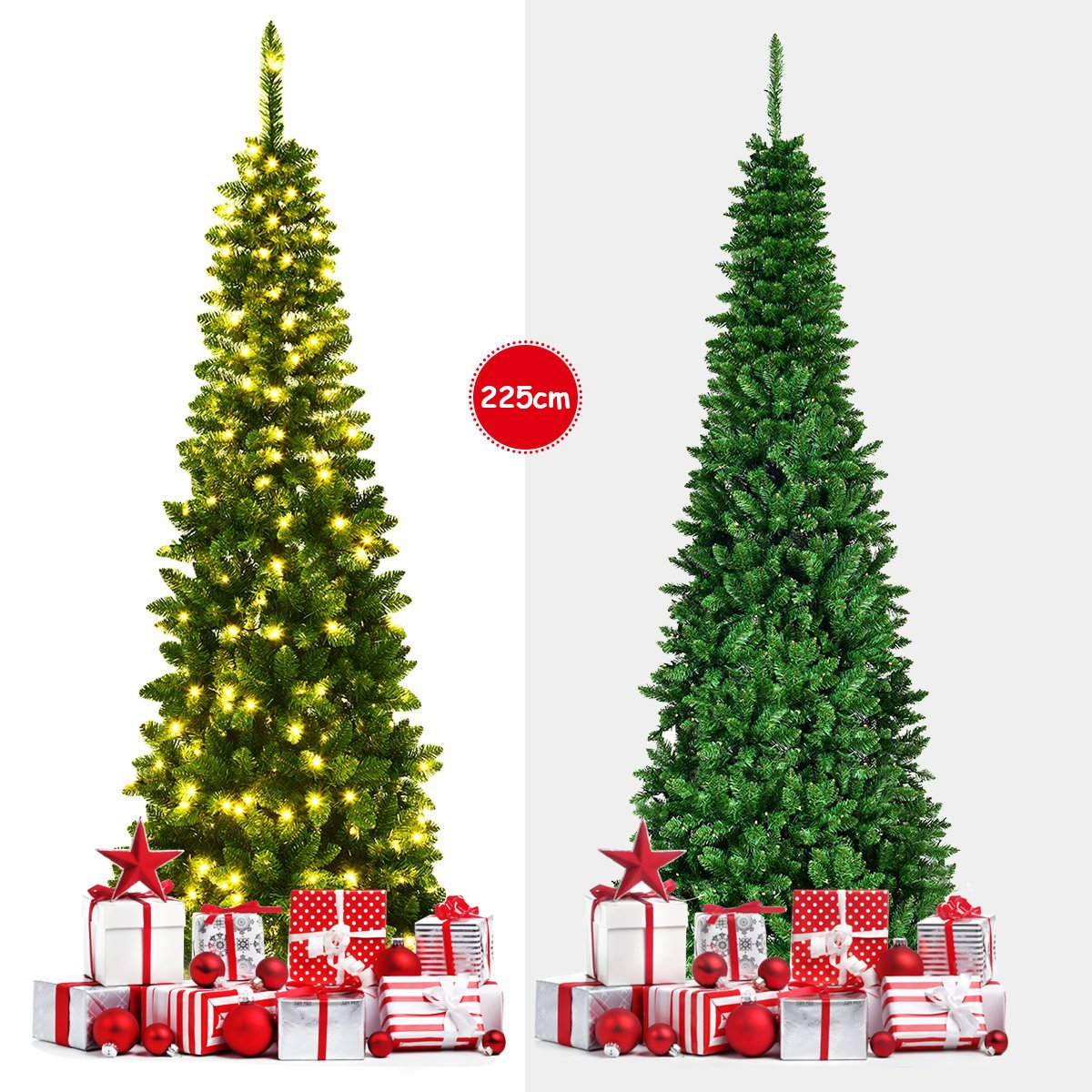 Dos árboles de Navidad, uno iluminado con luces, el otro liso. Regalos y adornos en la base. Un círculo rojo lee 225cm.