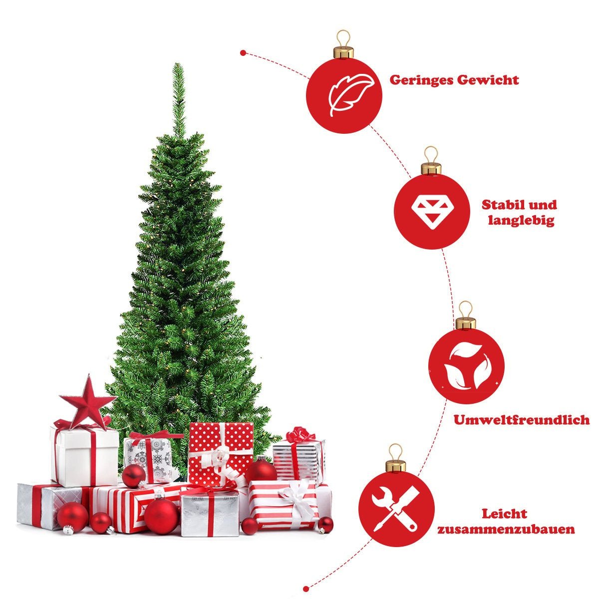 Un árbol de Navidad verde con regalos y adornos rojos. Infografías muestran ligereza, durabilidad, respeto al medio ambiente y fácil montaje.