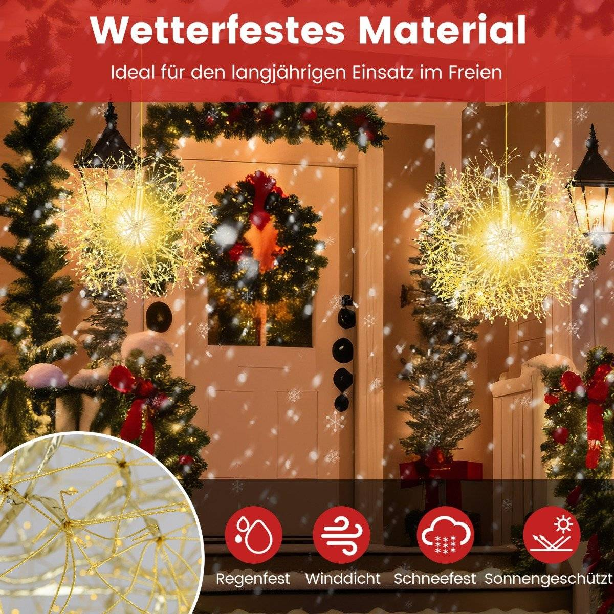 Una puerta decorada con luces navideñas y una corona. Está nevando. La imagen contiene texto en alemán sobre la resistencia a la intemperie.