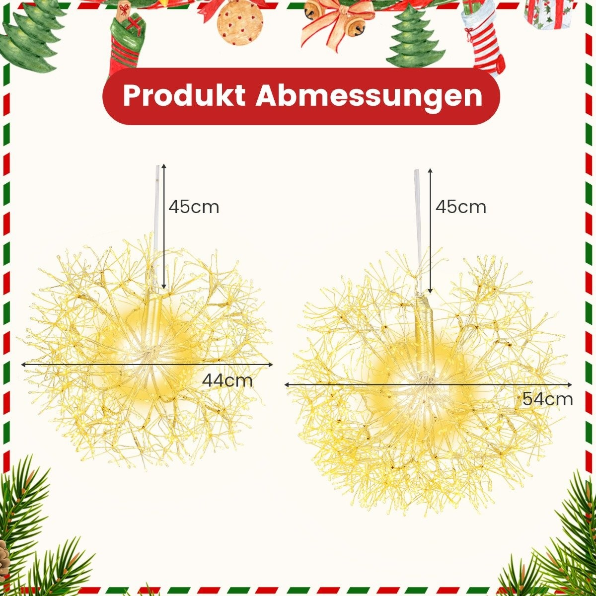 Dos luces en forma de diente de león. El texto dice 'Produkt Abmessungen'. Se muestran medidas de 44 cm, 54 cm y 45 cm.