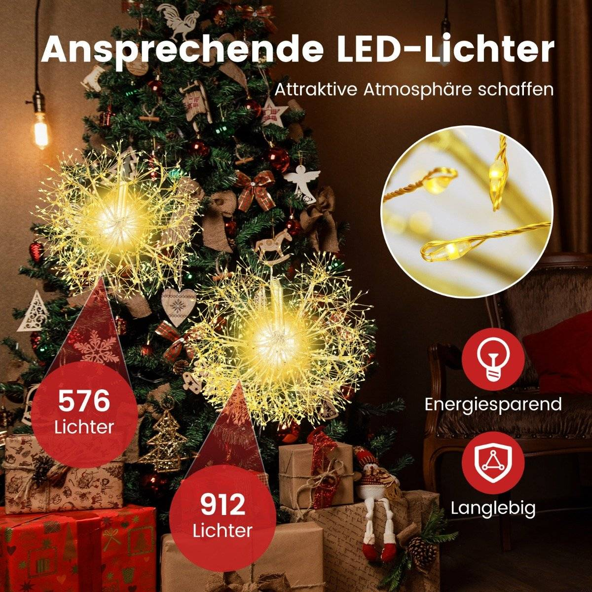 Árbol de Navidad con luces LED, regalos y decoraciones. Dos grandes luces en forma de estrella. Texto: 'Atmósfera atractiva'.