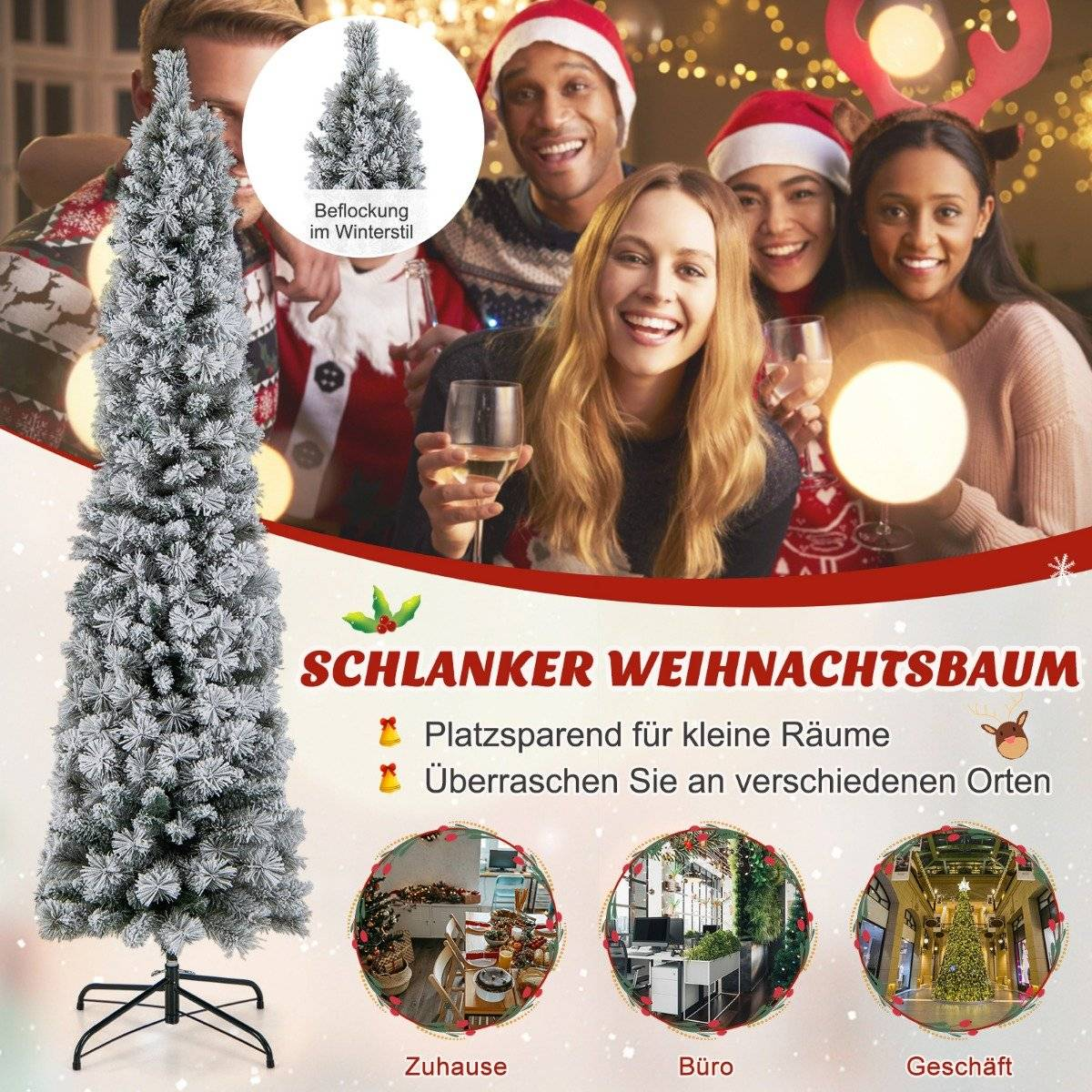 Un delgado árbol de Navidad cubierto de nieve con un grupo de personas celebrando. El texto promociona el árbol para espacios pequeños.