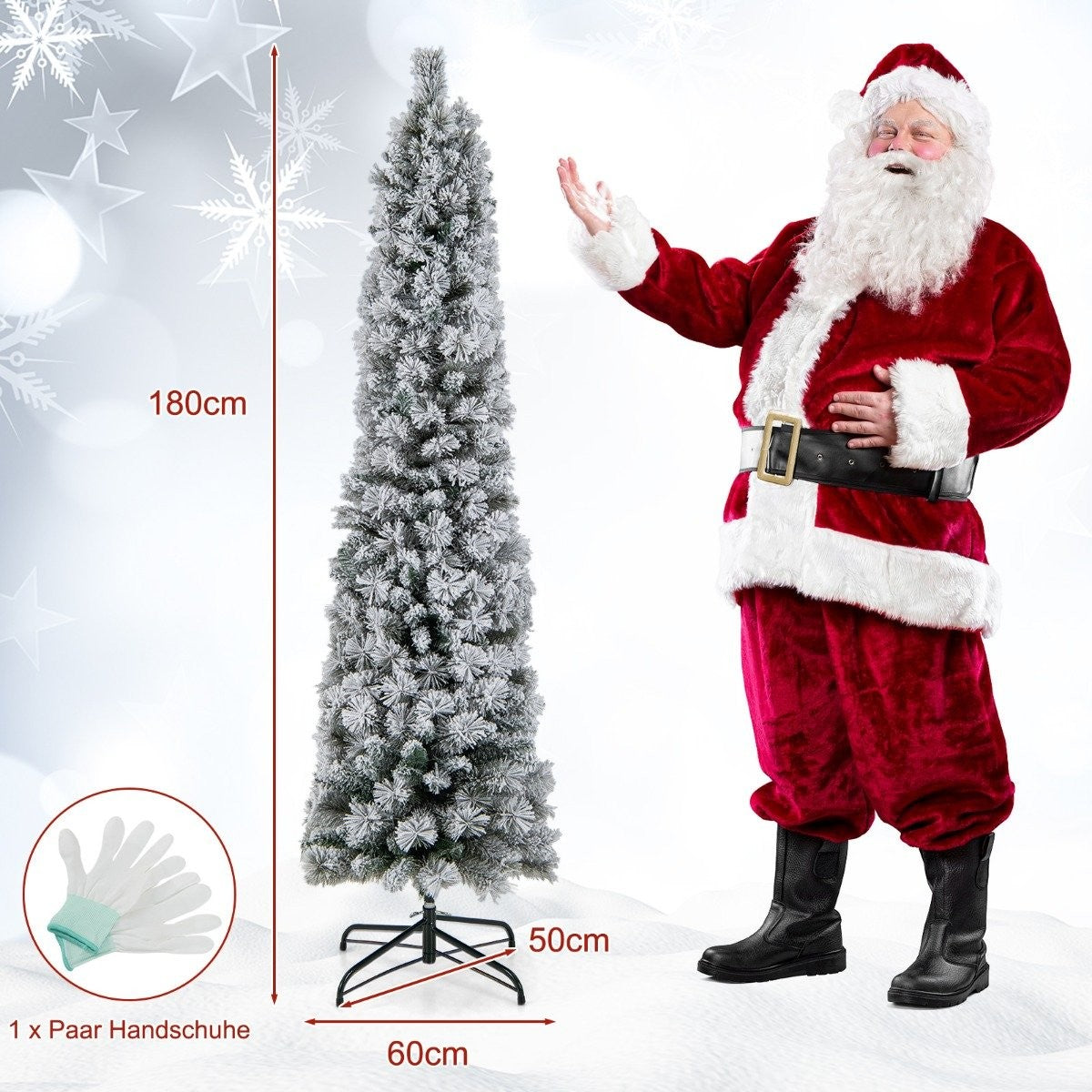 Papá Noel está junto a un árbol de Navidad nevado. Se proporcionan dimensiones. Se muestra un par de guantes.