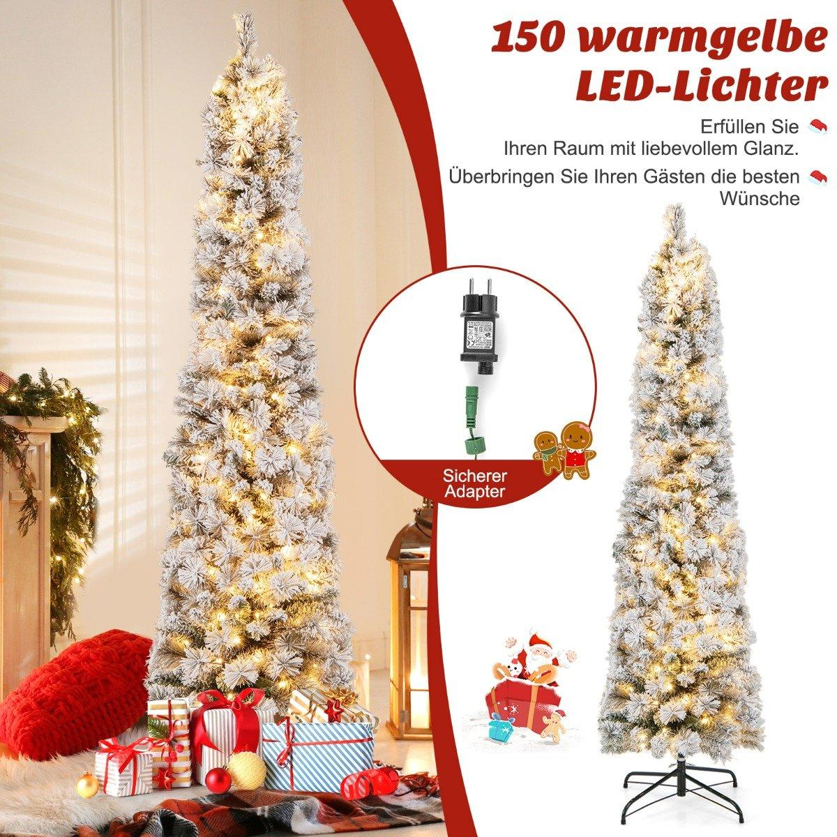 Un árbol de Navidad alto y decorado con luces LED amarillas cálidas, regalos y adornos navideños. También hay texto en alemán.
