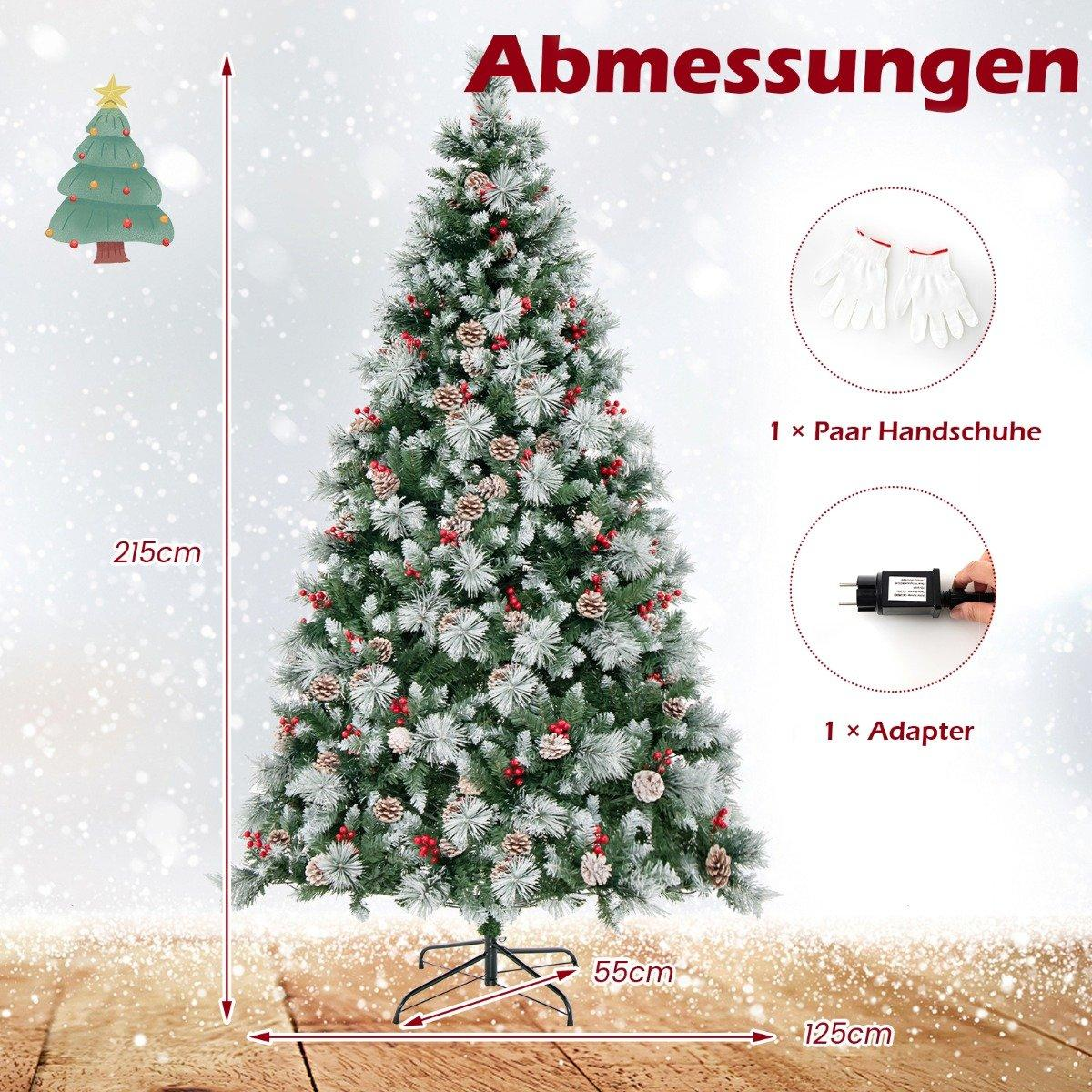 Un árbol de Navidad decorado con dimensiones. Incluye guantes, un adaptador y una ilustración del árbol. Fondo con efecto de nieve.