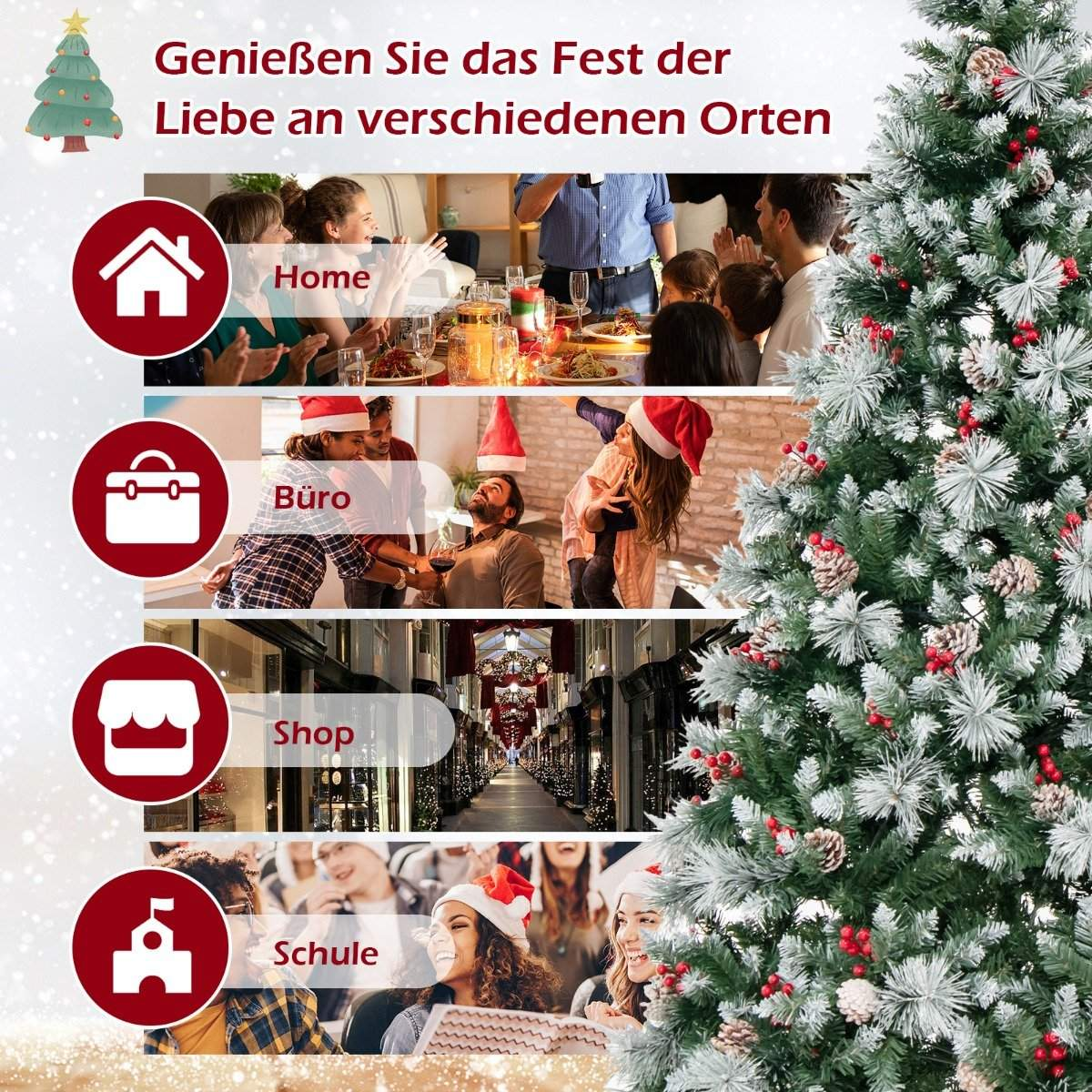 La imagen muestra escenas festivas: hogar, oficina, tienda y escuela. Un árbol de Navidad está a la derecha. La gente celebra en cada lugar.