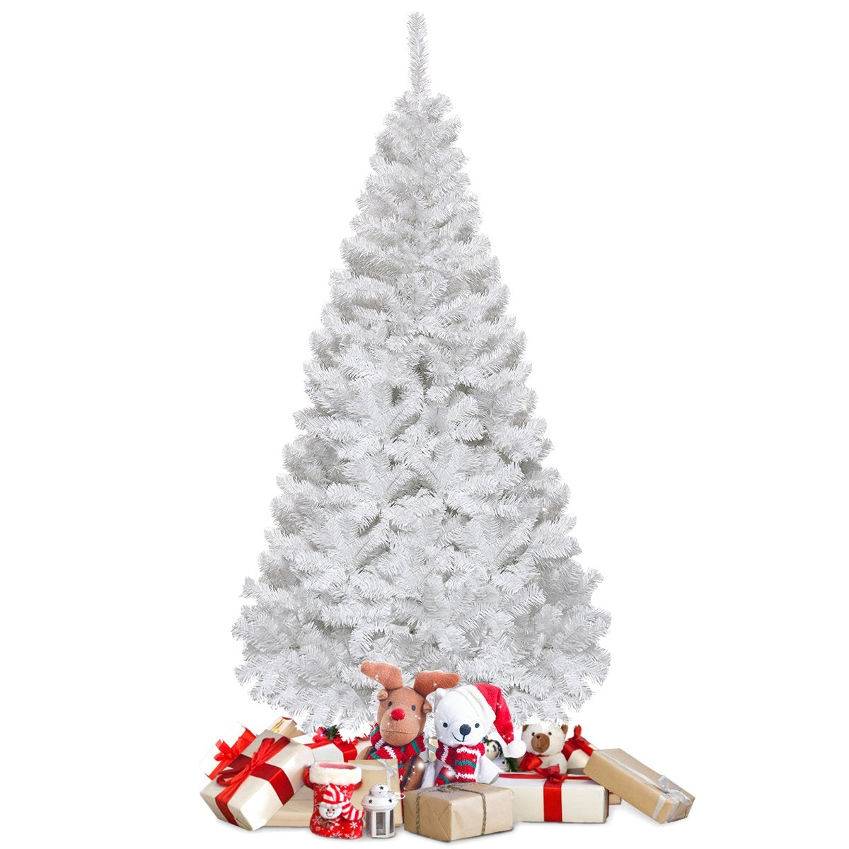 Un árbol de Navidad blanco. Regalos y peluches en la base. Adornos: reno, oso y medias navideñas.