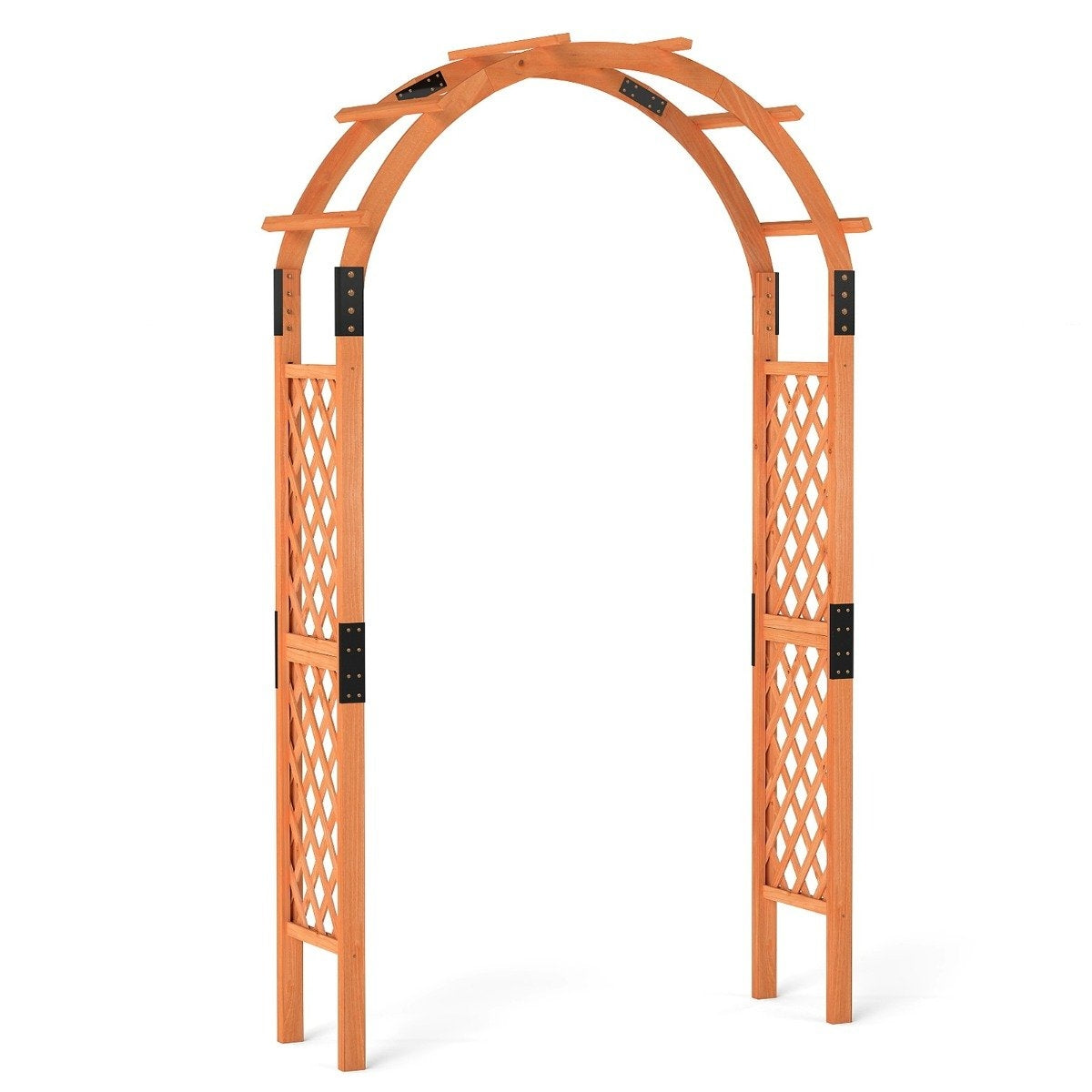 Arco de jardín de madera con lados de celosía y parte superior arqueada. Es marrón claro con soportes metálicos negros. El fondo es blanco.