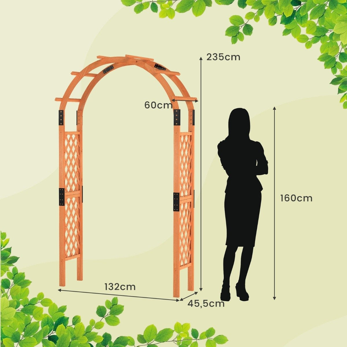 Arco de jardín de madera con dimensiones. Una silueta junto a él para escala. Follaje verde rodea el arco sobre fondo claro.