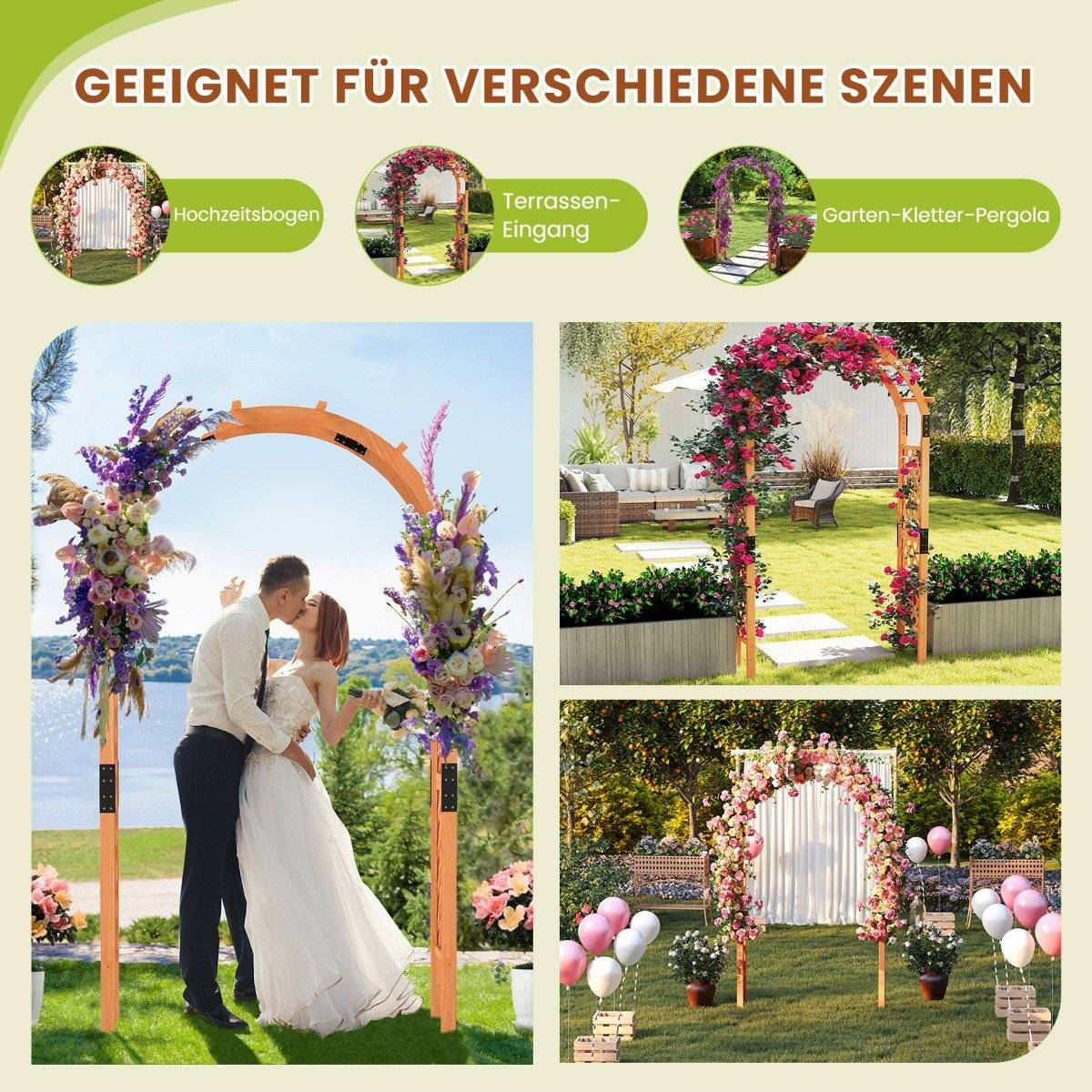 Un arco de boda con decoraciones florales. Una pareja se besa bajo el arco. El arco está en un jardín.