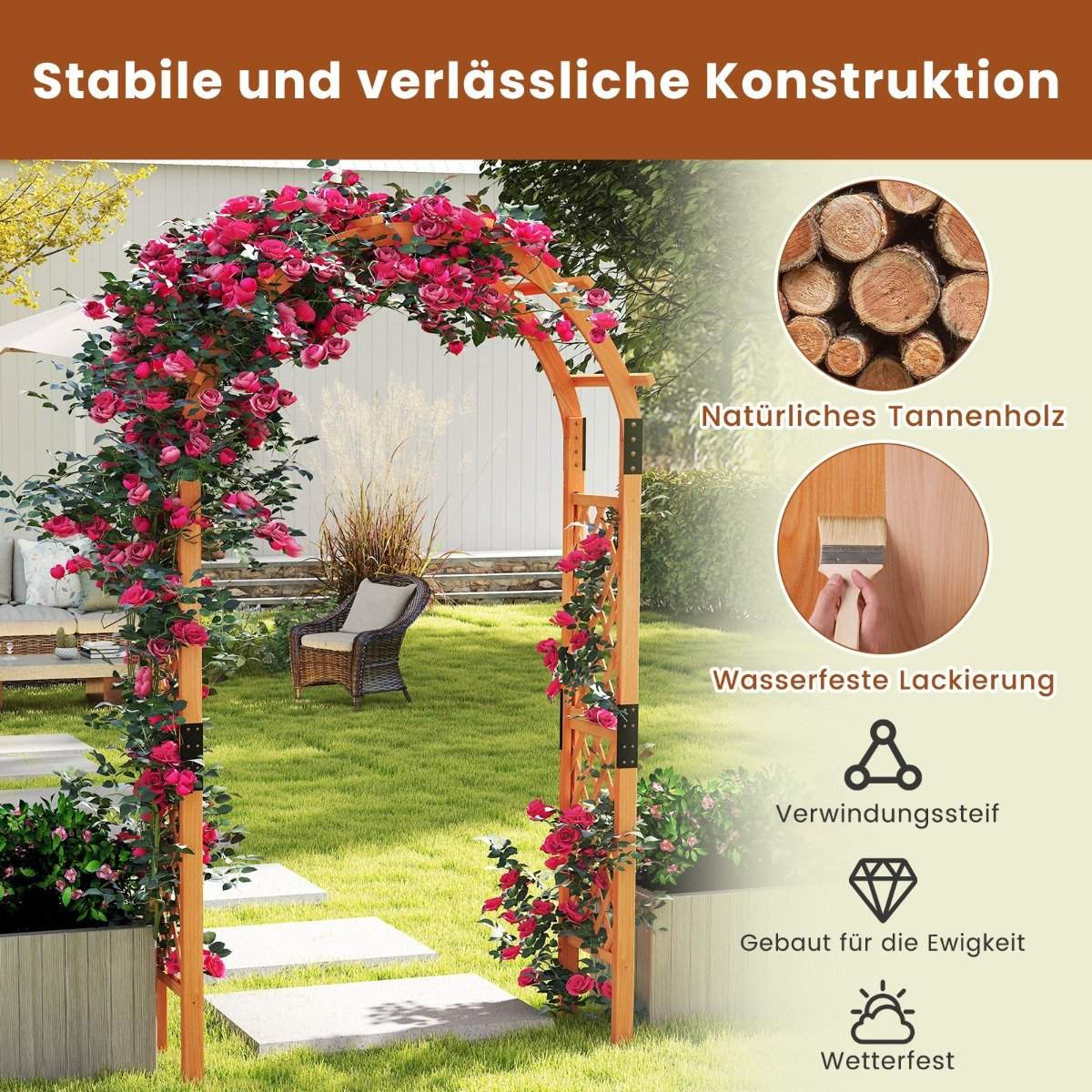 Arco de madera con rosas, en un jardín, escalones, silla y texto en alemán: construcción estable, madera natural, pintura impermeable.