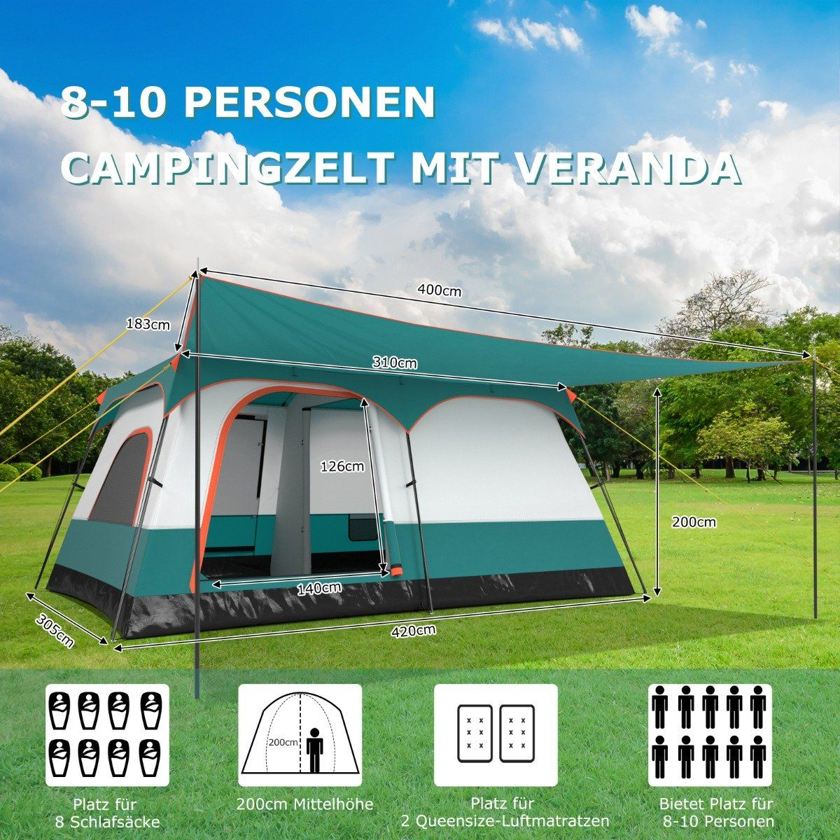 Tienda de campaña con veranda. Tienda verde y blanca con dimensiones. Texto indica espacio para 8-10 personas. Iconos muestran sacos y camas.