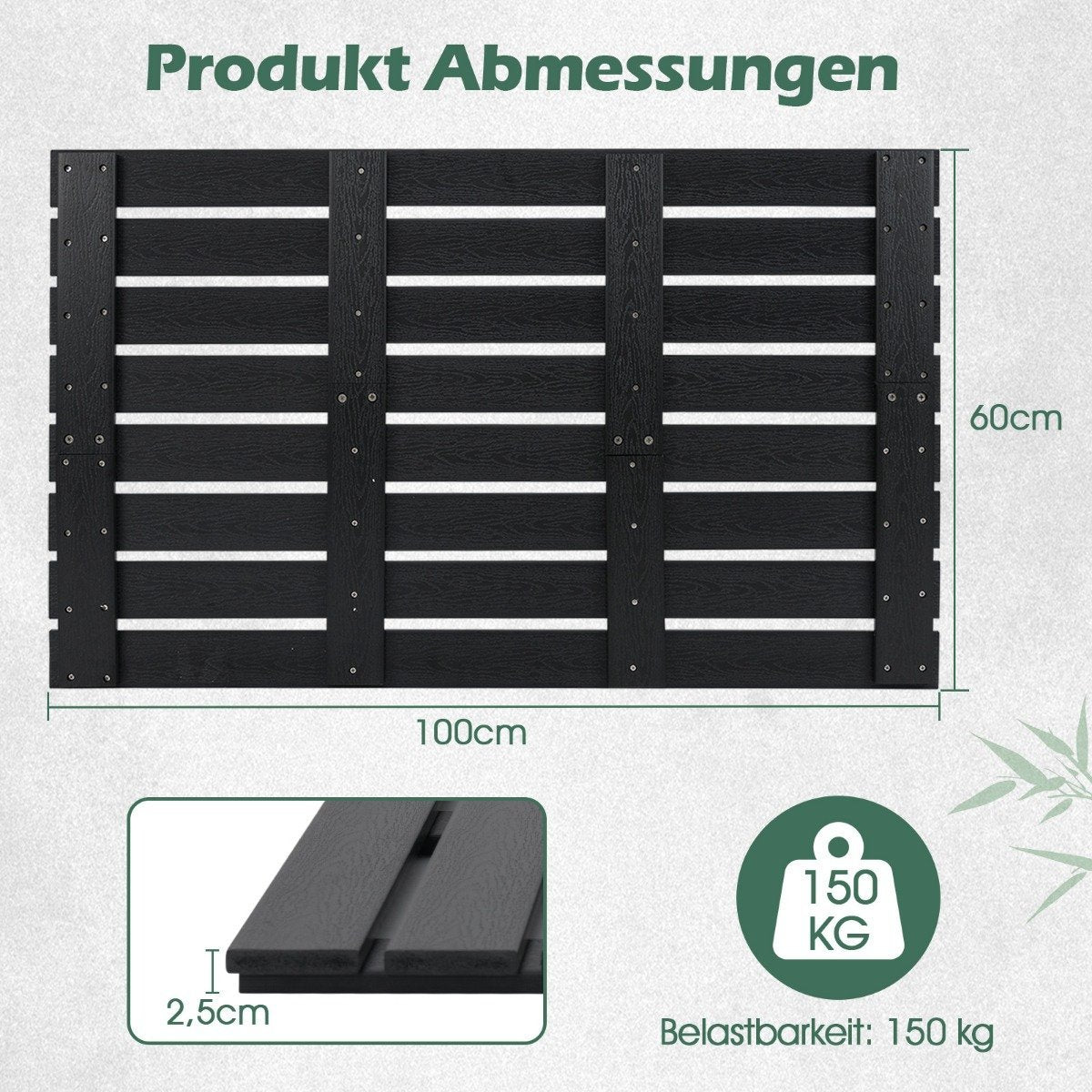Una valla de madera negra con dimensiones. Detalles incluyen 100 cm ancho, 60 cm alto y una capacidad de peso de 150 kg.