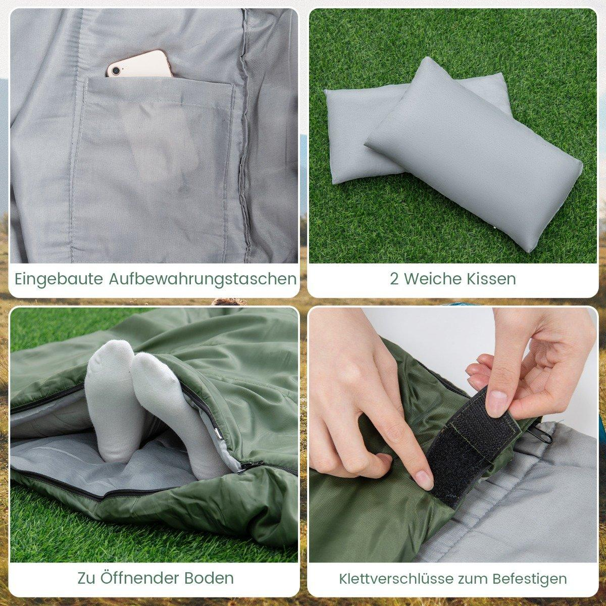 La imagen muestra un bolsillo con un teléfono, dos almohadas, pies en un saco de dormir y manos abrochando velcro.
