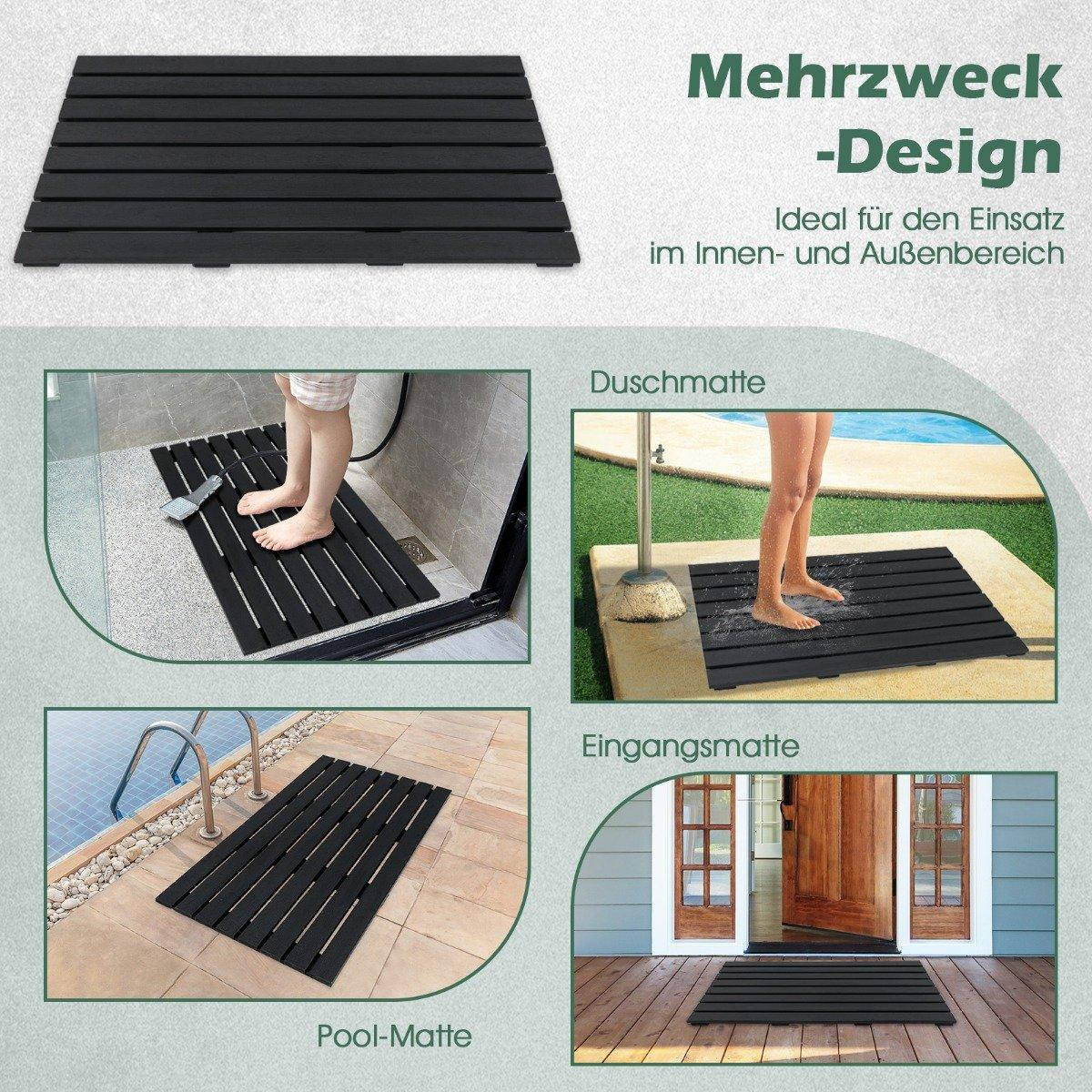 La imagen muestra una alfombra negra en diferentes entornos: ducha, piscina y entrada. El texto resalta su diseño multiusos para interior y exterior.