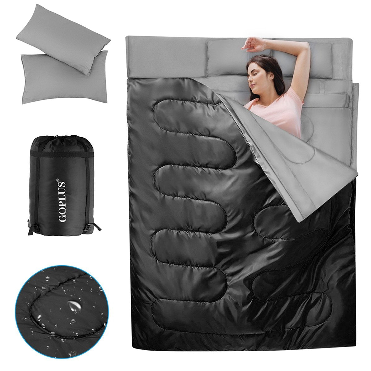 Una mujer duerme en un saco de dormir negro y gris. También se ven almohadas y una bolsa enrollada. Un primer plano de la tela muestra gotas de agua.