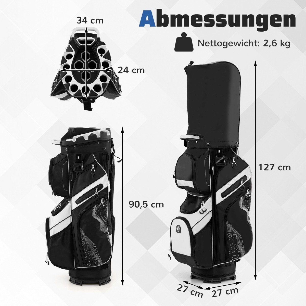 La imagen muestra una bolsa de golf en blanco y negro con dimensiones. La parte superior muestra la abertura de una bolsa. También se muestran otras dimensiones.