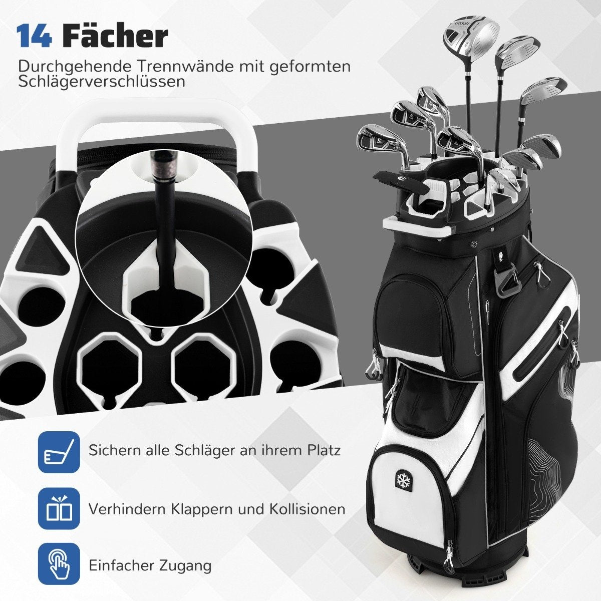 Una bolsa de golf, negra y blanca, con palos de golf. La bolsa tiene 14 compartimentos y un asa. También hay texto en alemán.