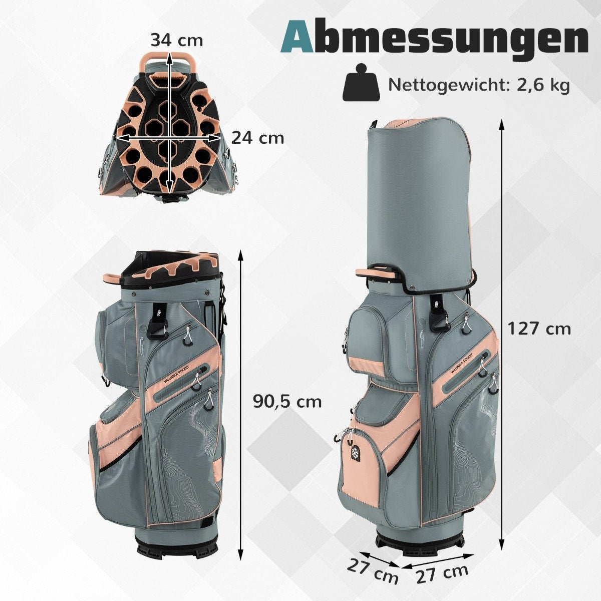 Una bolsa de golf gris y rosa con dimensiones etiquetadas. Muestra la altura, el ancho y el peso de la bolsa (2,6 kg).