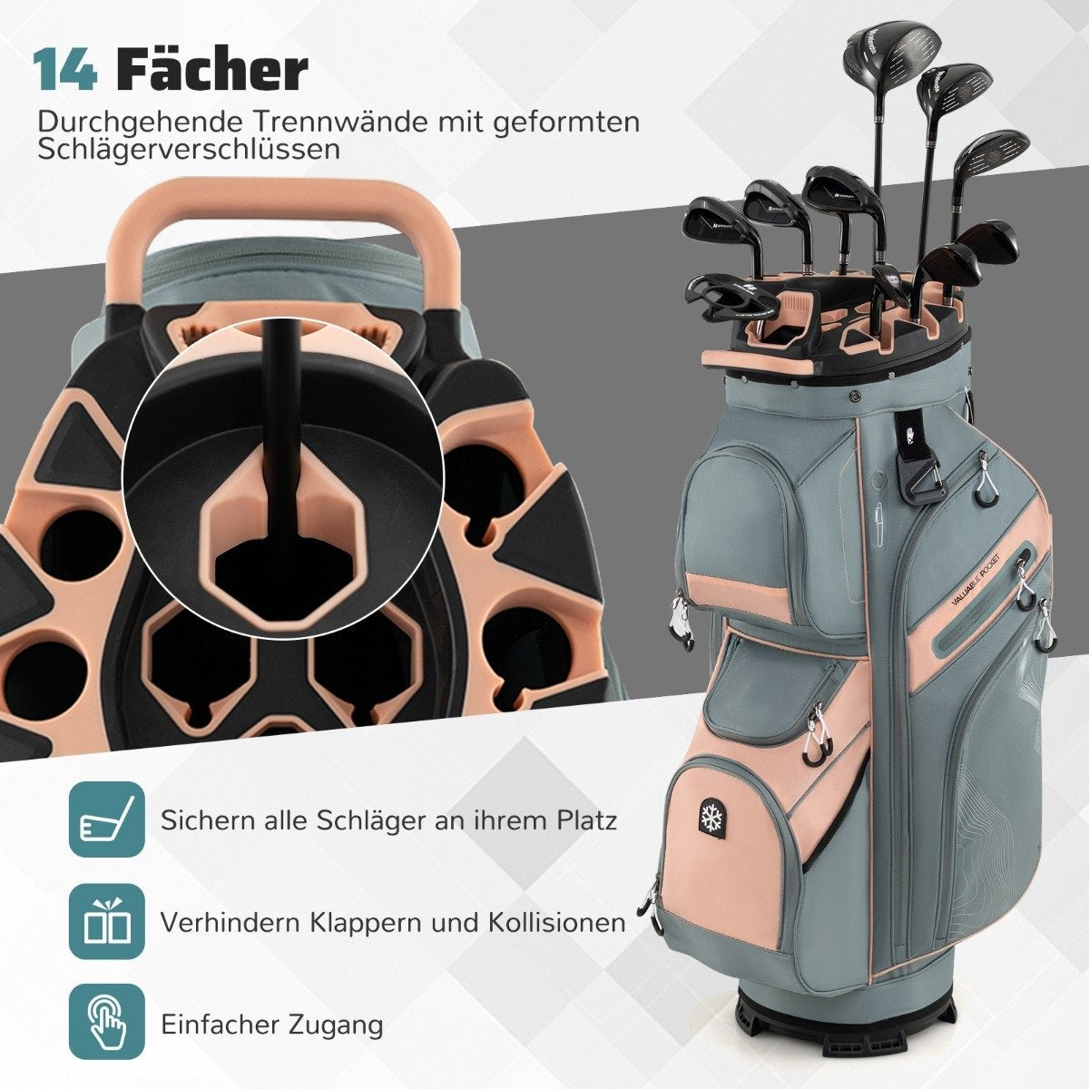 Bolsa de golf con palos. Bolsa gris y rosa con 14 compartimentos. Características: colocación segura de los palos, evita colisiones y fácil acceso.